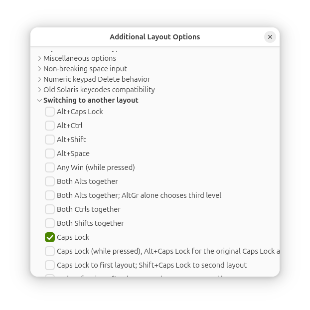 9. Архив / Вложения / Настройка переключение раскладки клавиатуры по Caps Lock в Additional Layout Options.png Настройка переключение раскладки клавиатуры по Caps Lock в Additional Layout Options.png